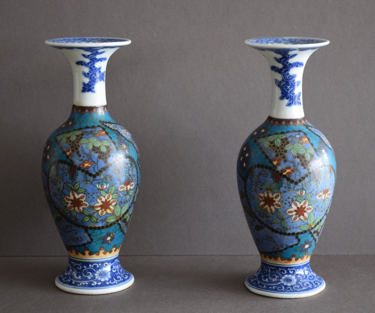 Paire De Vases En Porcelaine Cloisonnée Totai Shippo-photo-2
