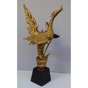 Thailande Important Oiseau Mythique En Bronze Doré