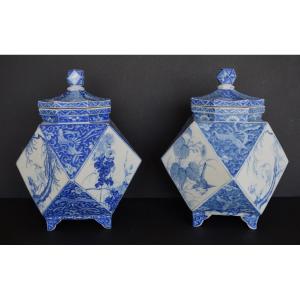  Japon Paire De Vases Couverts En Porcelaine Bleu Blanc Epoque Meiji