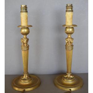 Pair Of Empire Period Candlesticks Mounted As Lamps Attributed To Claude Gallé.