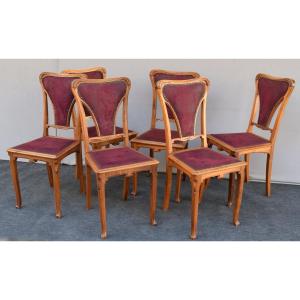 Suite Of 6 Art Nouveau Chairs In Blond Mahogany By Edouard Diot