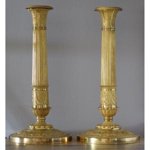 Paire De Bougeoirs En Bronze Doré d'époque Empire Par Louis Isidore Choiselat (1784-1853)
