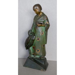 White Hester Mabel sculpture en bronze "jeune Japonaise au Heron"