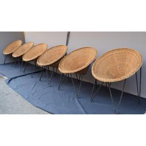 Set Of 6 Armchairs And A 50s Wicker Table