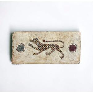 White Marble Tile With Animal Figure Inlays And Mosaics Of Stones.