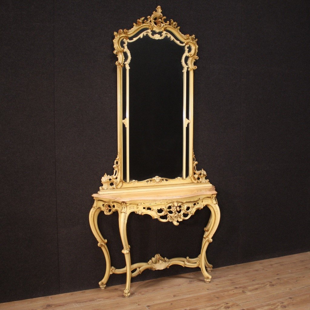 Grande Console Laquée Avec Miroir De Style Louis XV