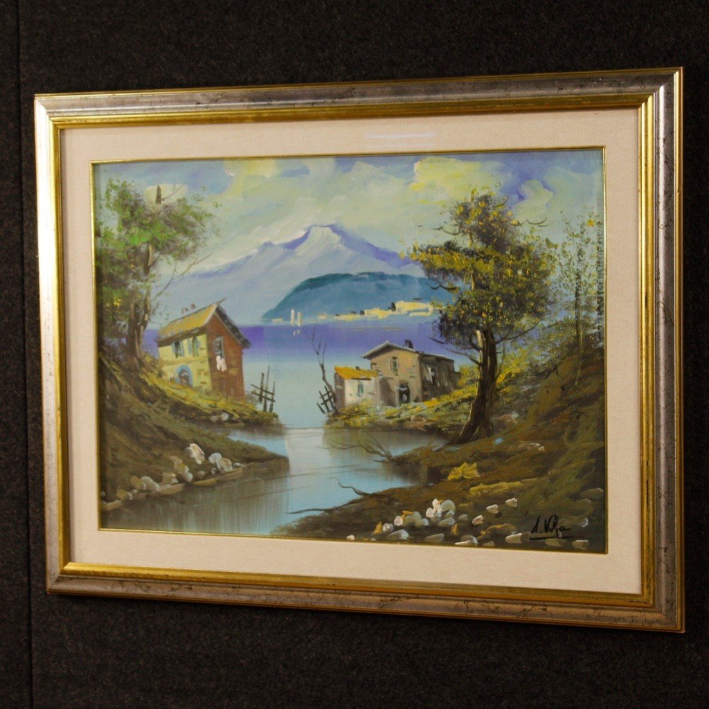 Tableau Italien Signé Huile Sur Toile Vue Sur Le Lac-photo-2