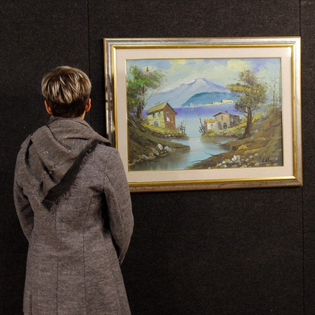 Tableau Italien Signé Huile Sur Toile Vue Sur Le Lac-photo-3