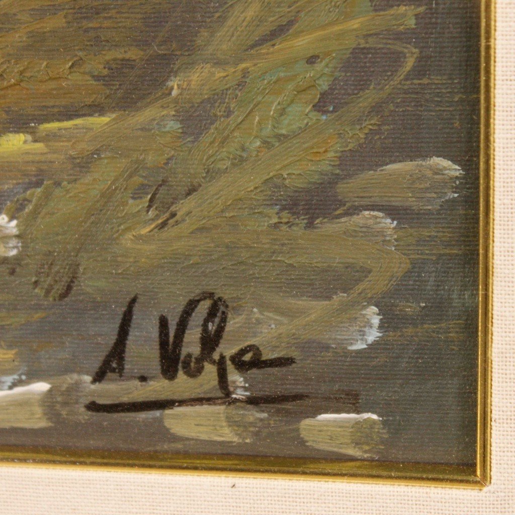 Tableau Italien Signé Huile Sur Toile Vue Sur Le Lac-photo-4