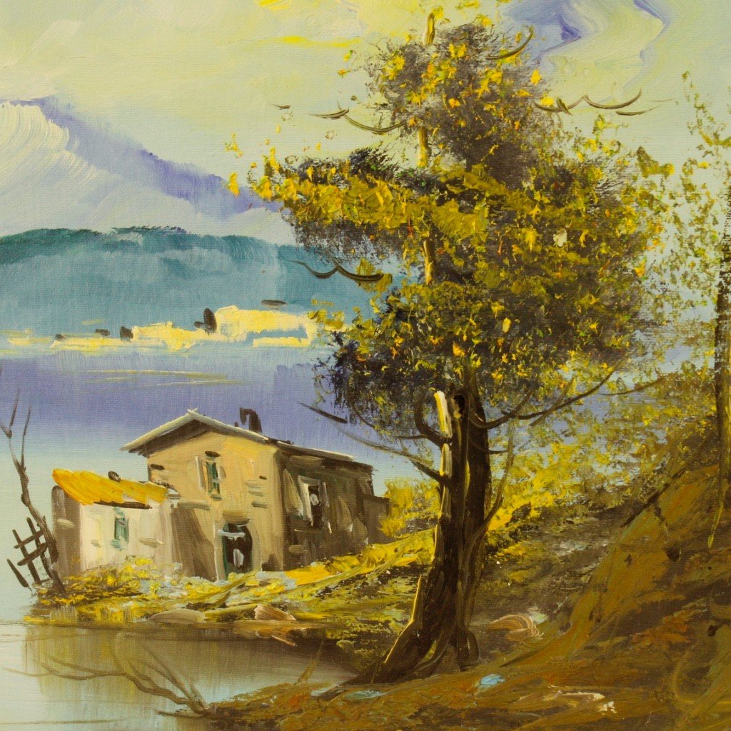Tableau Italien Signé Huile Sur Toile Vue Sur Le Lac-photo-4