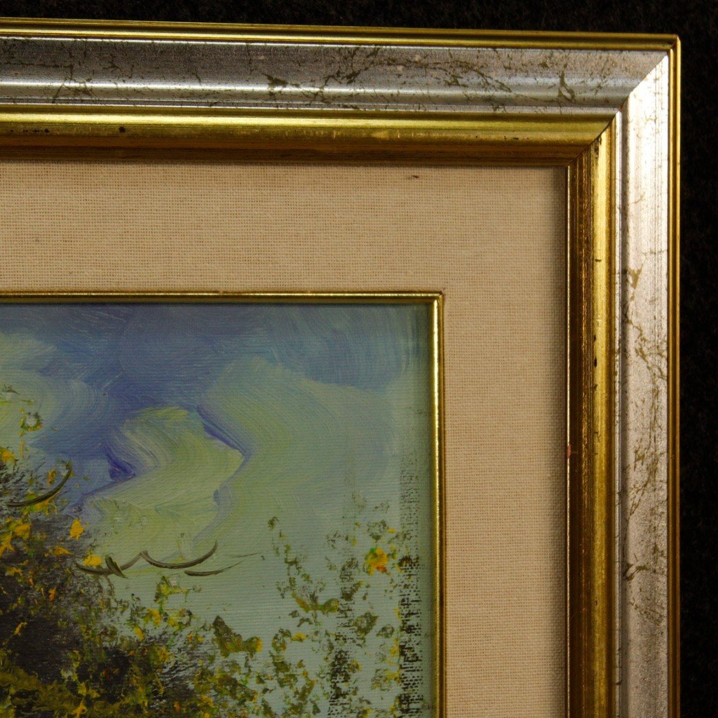 Tableau Italien Signé Huile Sur Toile Vue Sur Le Lac-photo-5