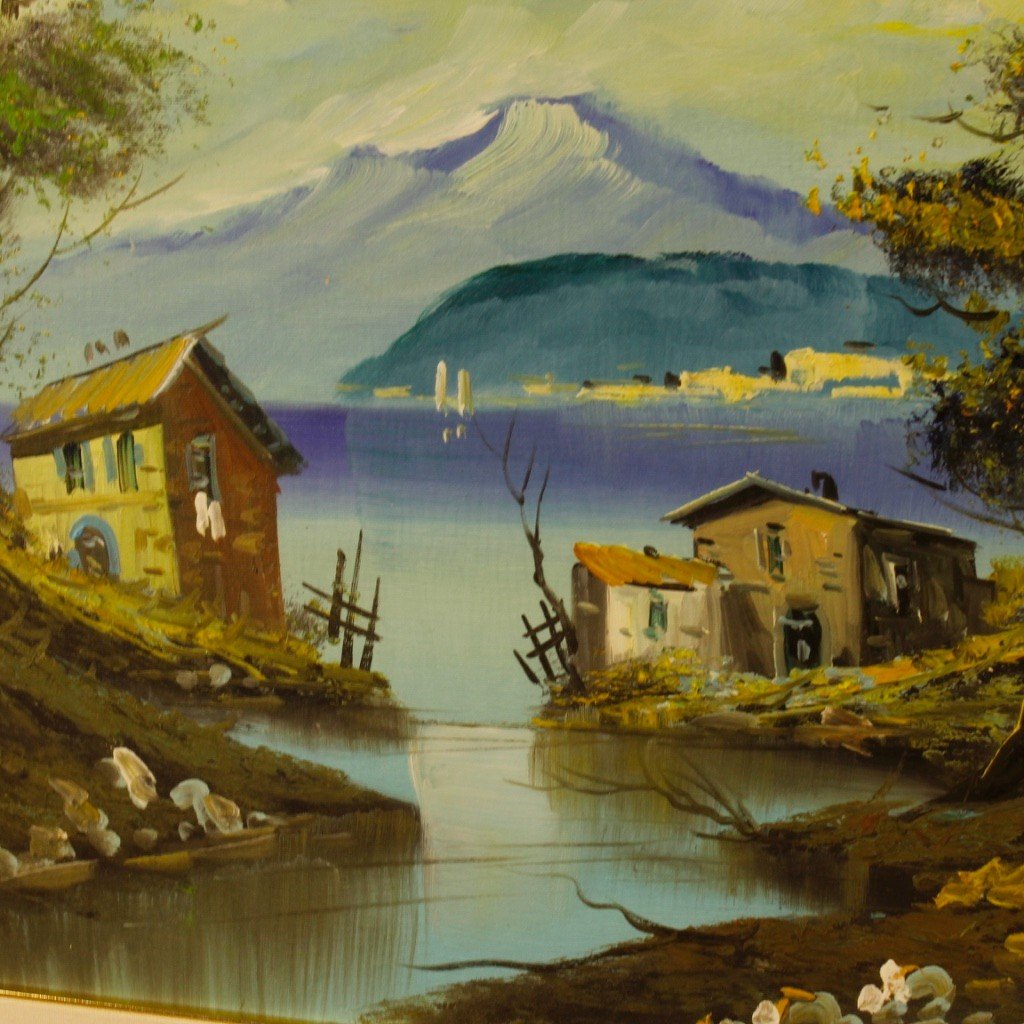 Tableau Italien Signé Huile Sur Toile Vue Sur Le Lac