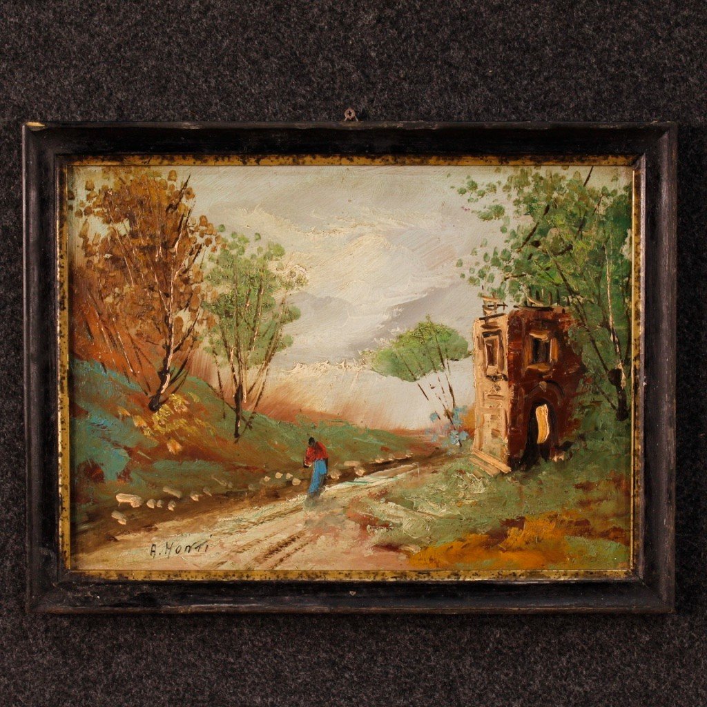 Tableau Italien Signé Paysage Du 20ème Siècle-photo-2