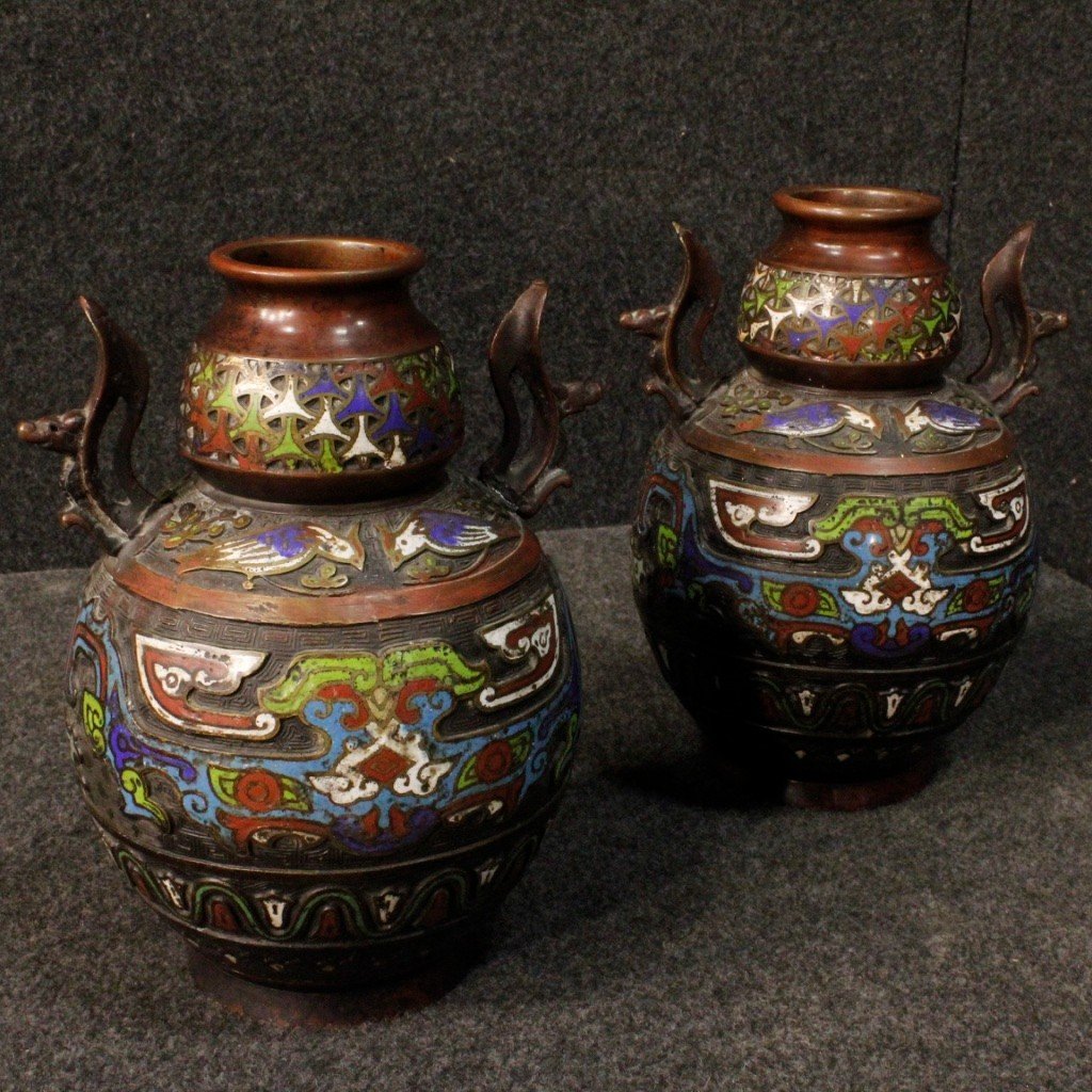 Pair Of Oriental Metal Vases From 20th Century