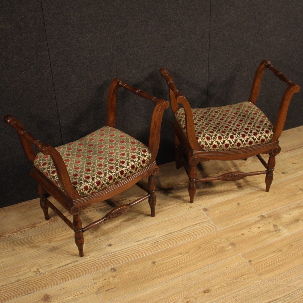 Pair Of Italian Benches Charles X Era In Walnut Wood-photo-1