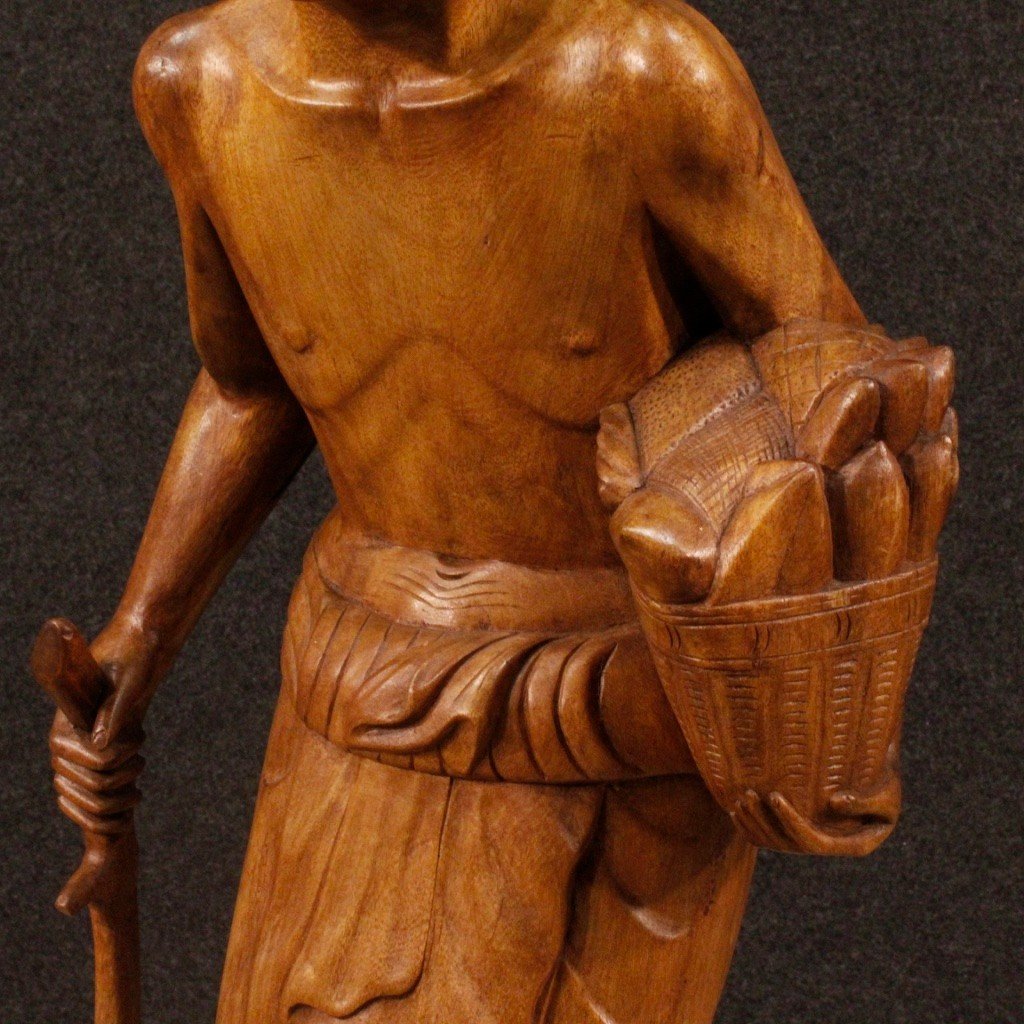 Indian Character Sculpture In Exotic Wood From 20th Century-photo-8