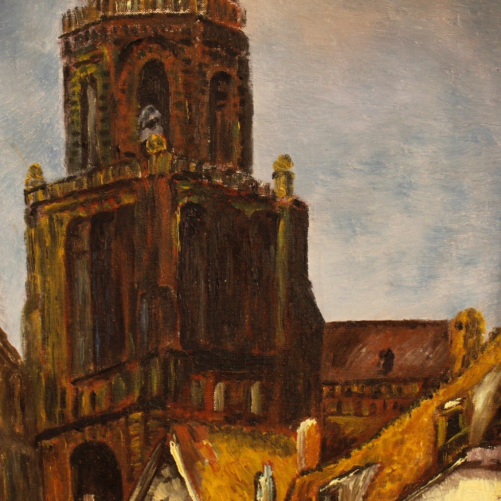 Dutch Signed Painting View Of Cathedral From 20th Century-photo-3