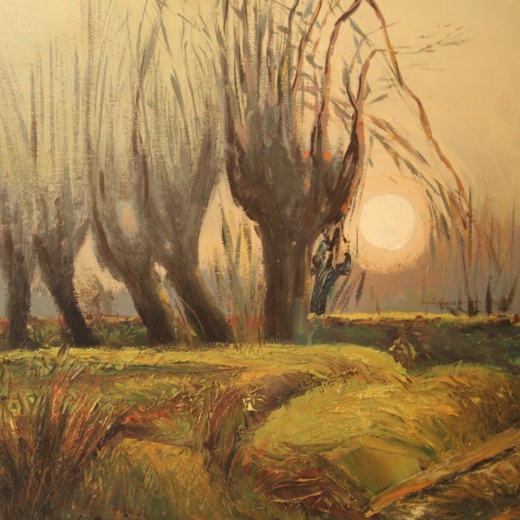 Italian Signed Painting Landscape In Impressionist Style From 20th Century-photo-4