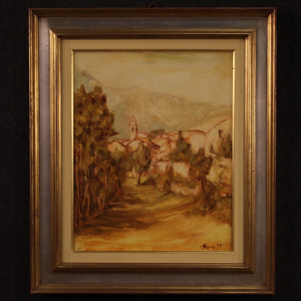 Italian Signed Painting Country View Dated 1977-photo-2