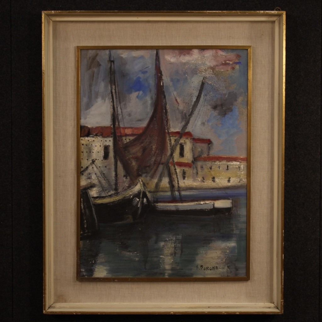 Tableau Italien Signé Vue De Port Avec Bateaux Du 20ème Siècle