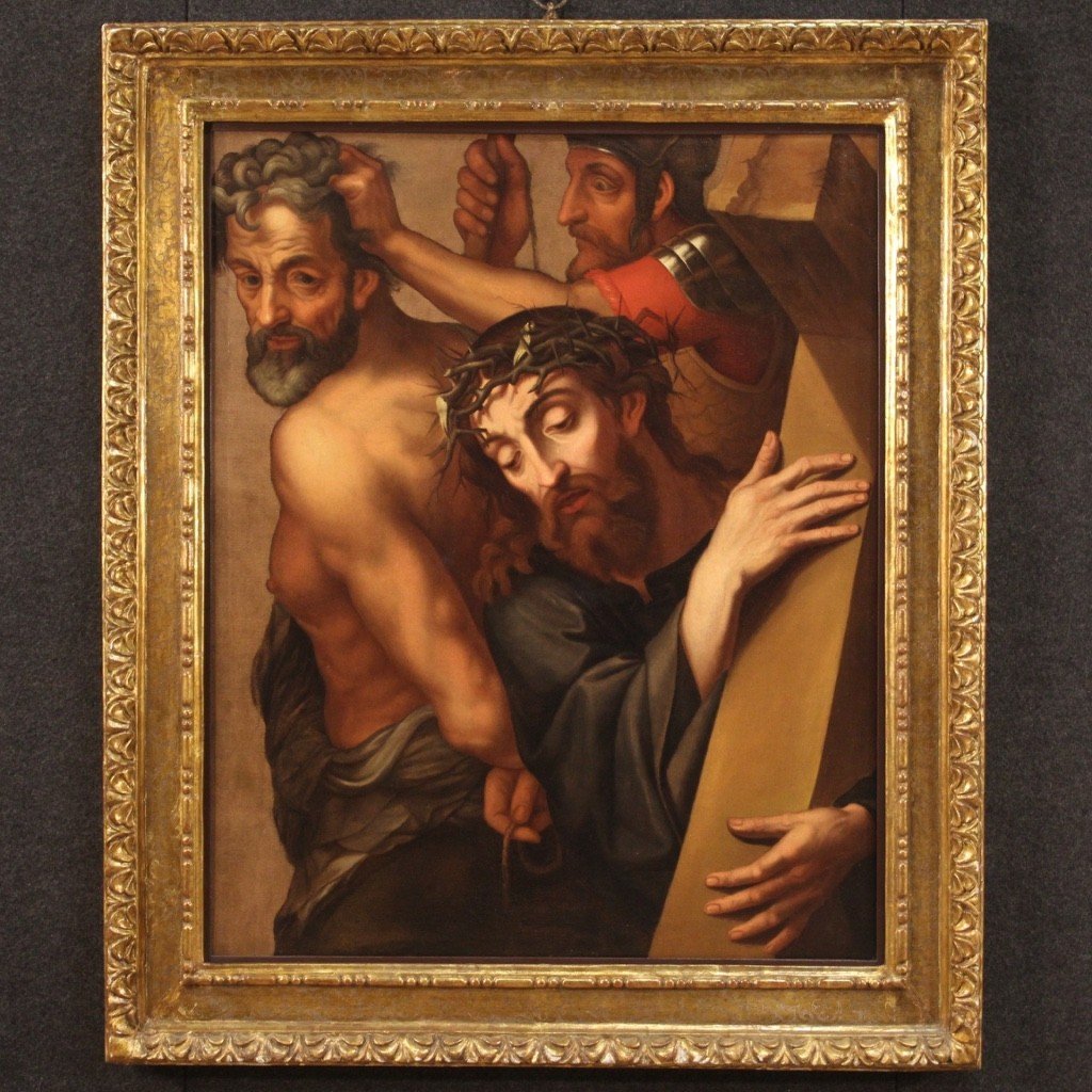 Tableau Religieux Flamand Ancien Christ Portant La Croix Du 17ème Siècle-photo-2