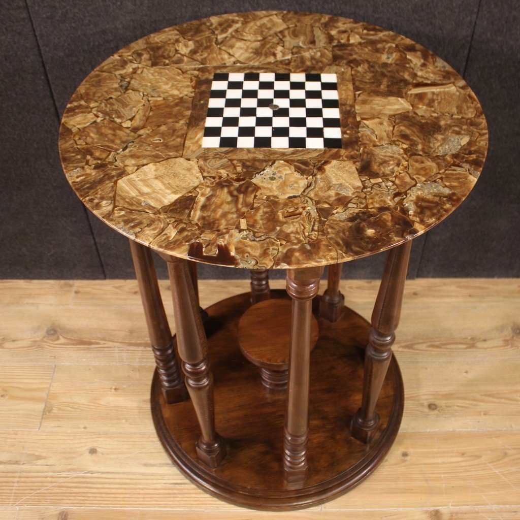 Game Table With Marble And Onyx Top With Chessboard From The 20th Century-photo-2