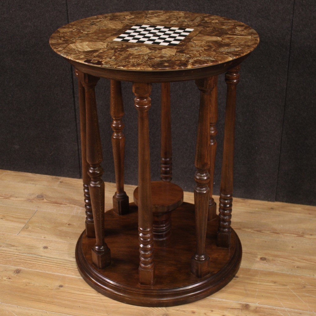 Game Table With Marble And Onyx Top With Chessboard From The 20th Century