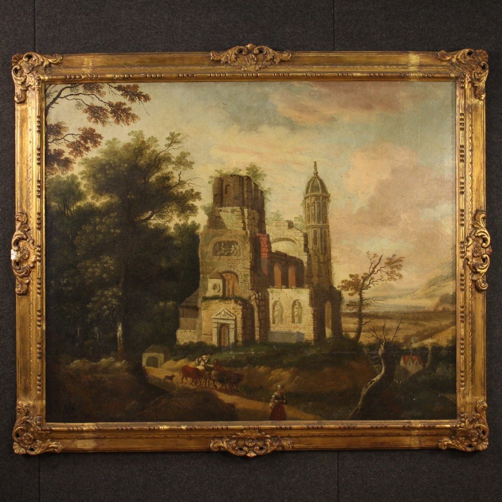 Ancienne Huile Sur Toile Française Peinture De Paysage Du 18ème Siècle-photo-2