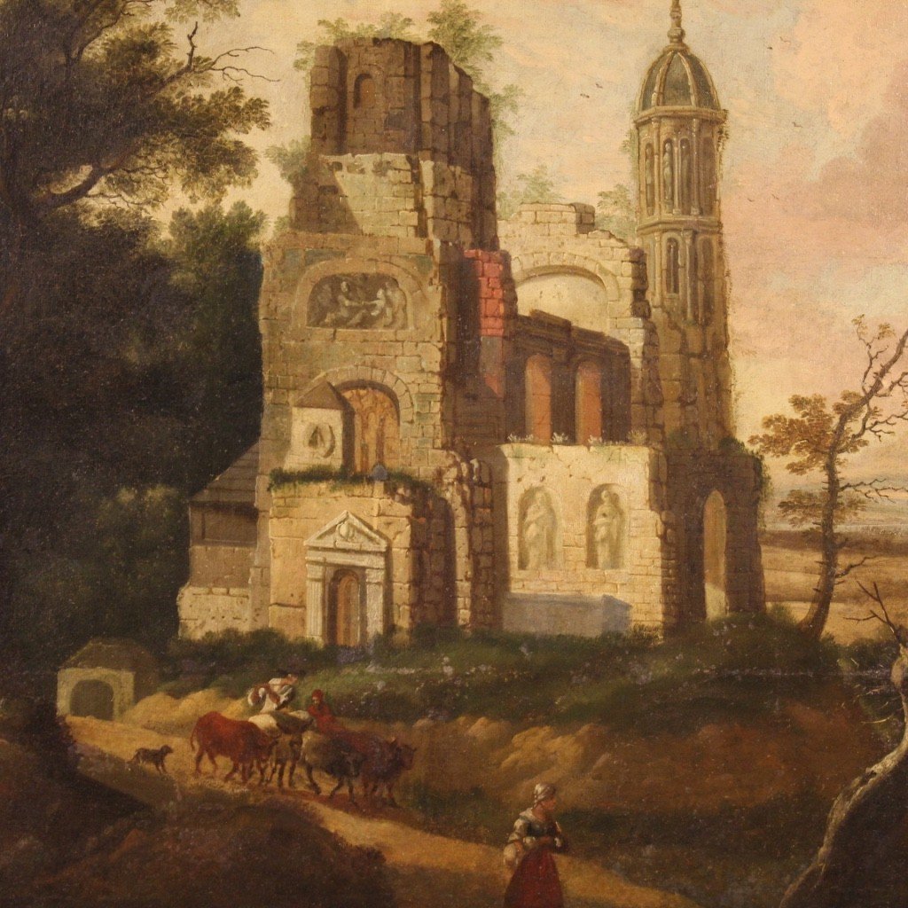 Ancienne Huile Sur Toile Française Peinture De Paysage Du 18ème Siècle-photo-3