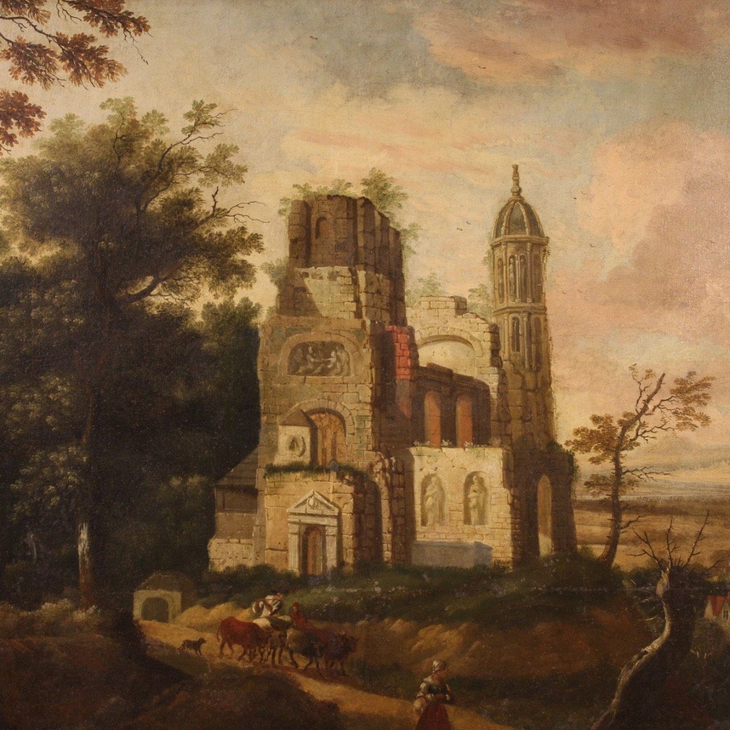 Ancienne Huile Sur Toile Française Peinture De Paysage Du 18ème Siècle