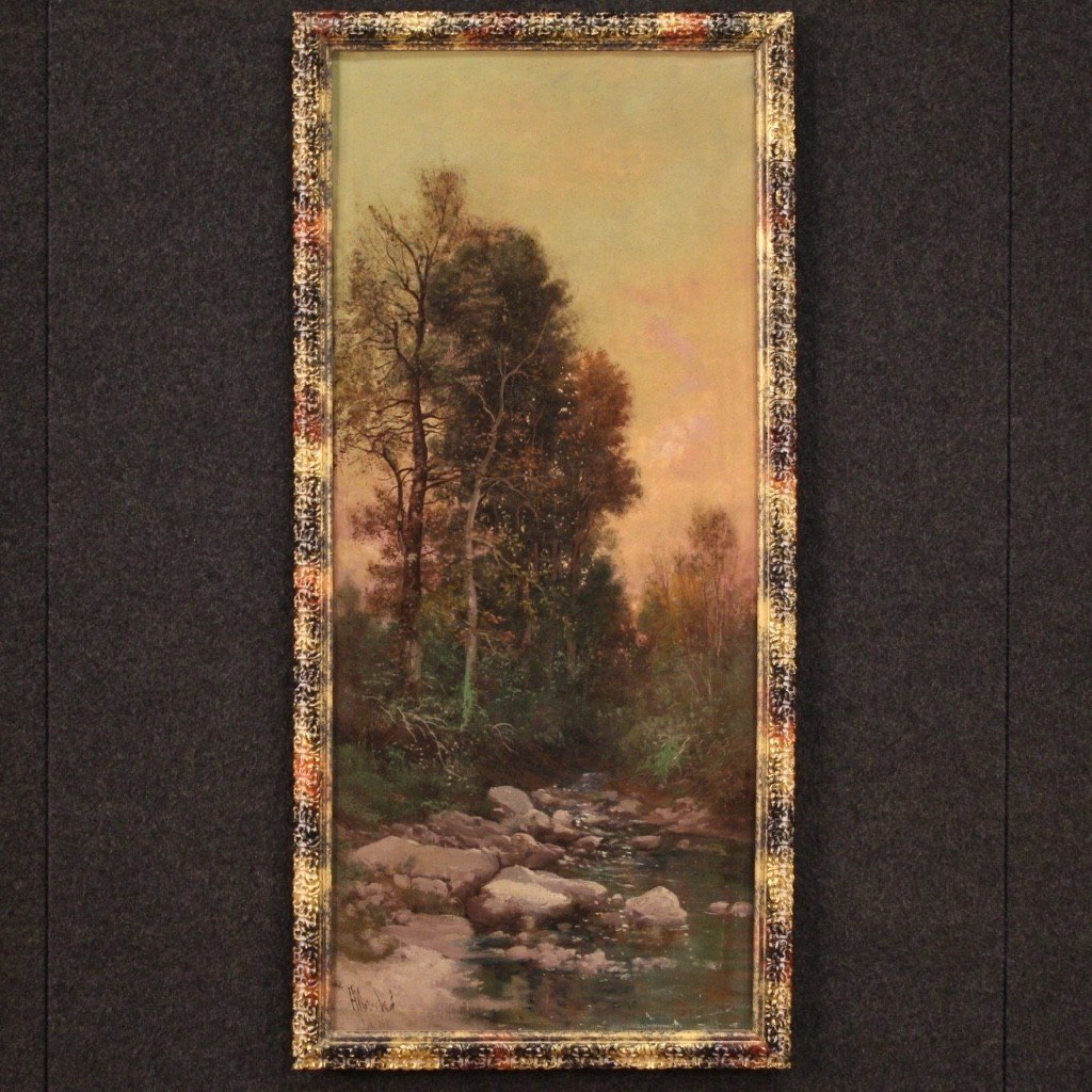 Signed Painting Landscape Oil On Canvas From The 19th Century