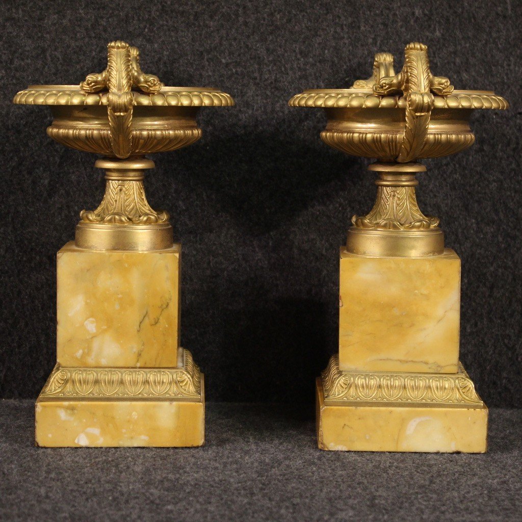 Paire De Contremarches En Bronze Doré Et Marbre Jaune Du 20ème Siècle-photo-3