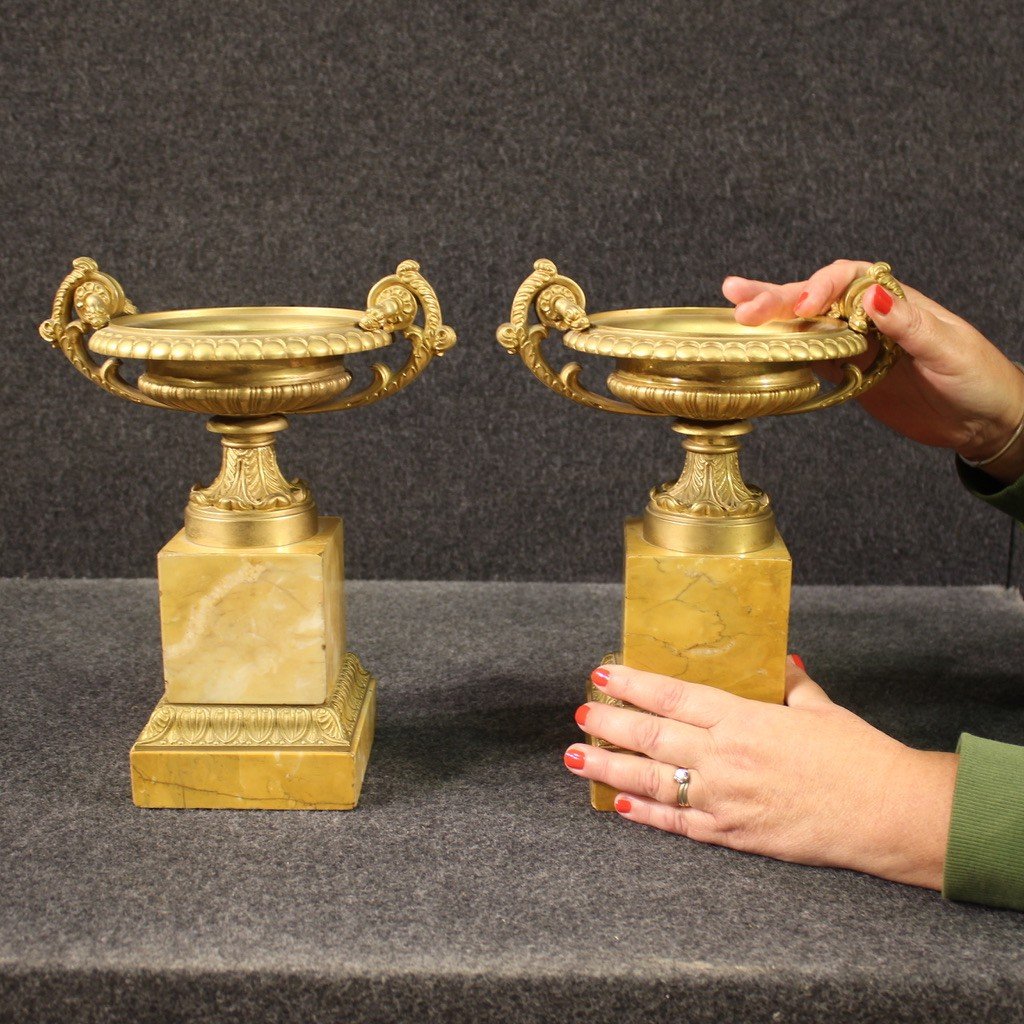 Paire De Contremarches En Bronze Doré Et Marbre Jaune Du 20ème Siècle-photo-3