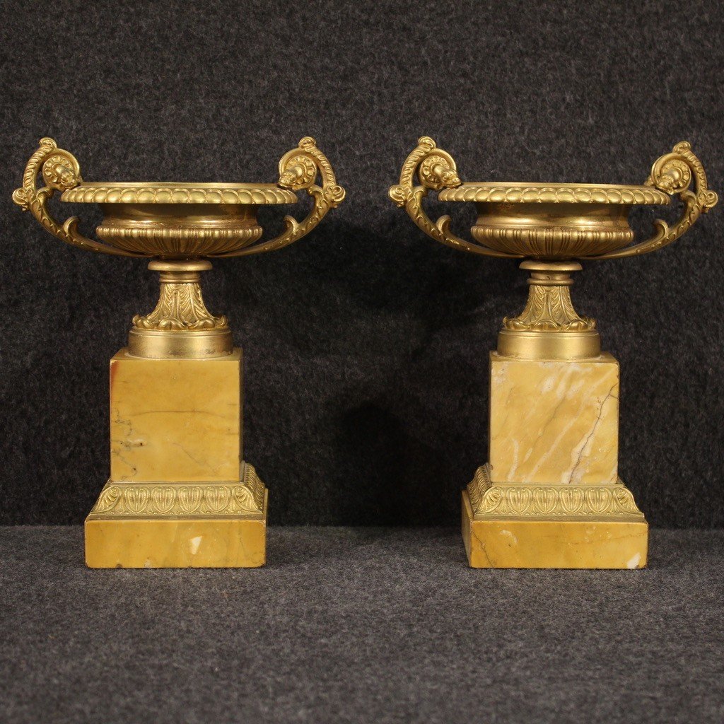Paire De Contremarches En Bronze Doré Et Marbre Jaune Du 20ème Siècle-photo-4