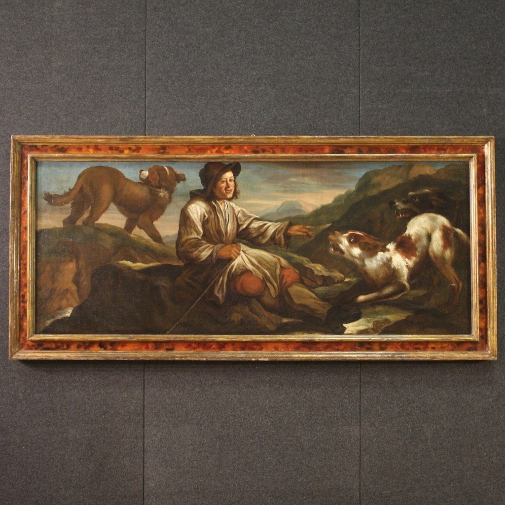 Great 17th Century Painting, The Shepherd With His Dogs