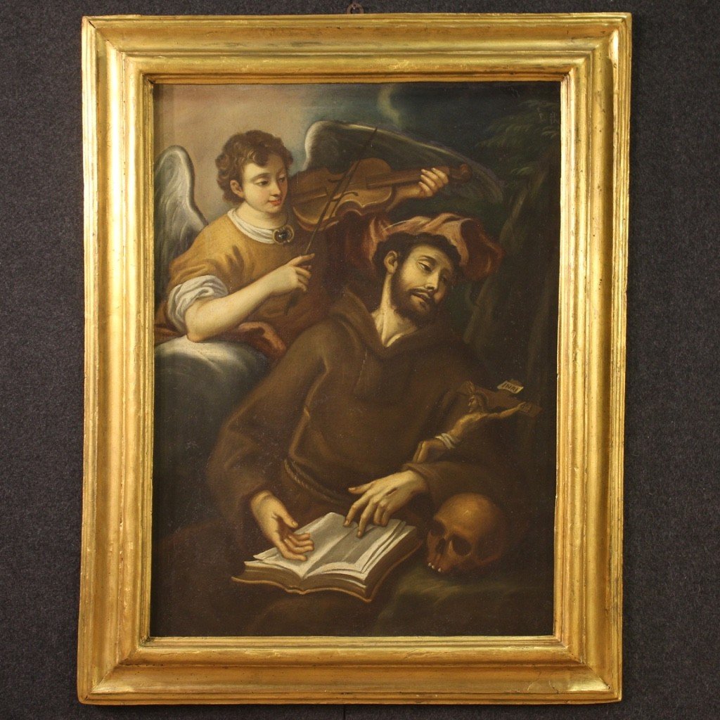 Antique Italian Painting From 18th Century, Saint Francis And The Angel