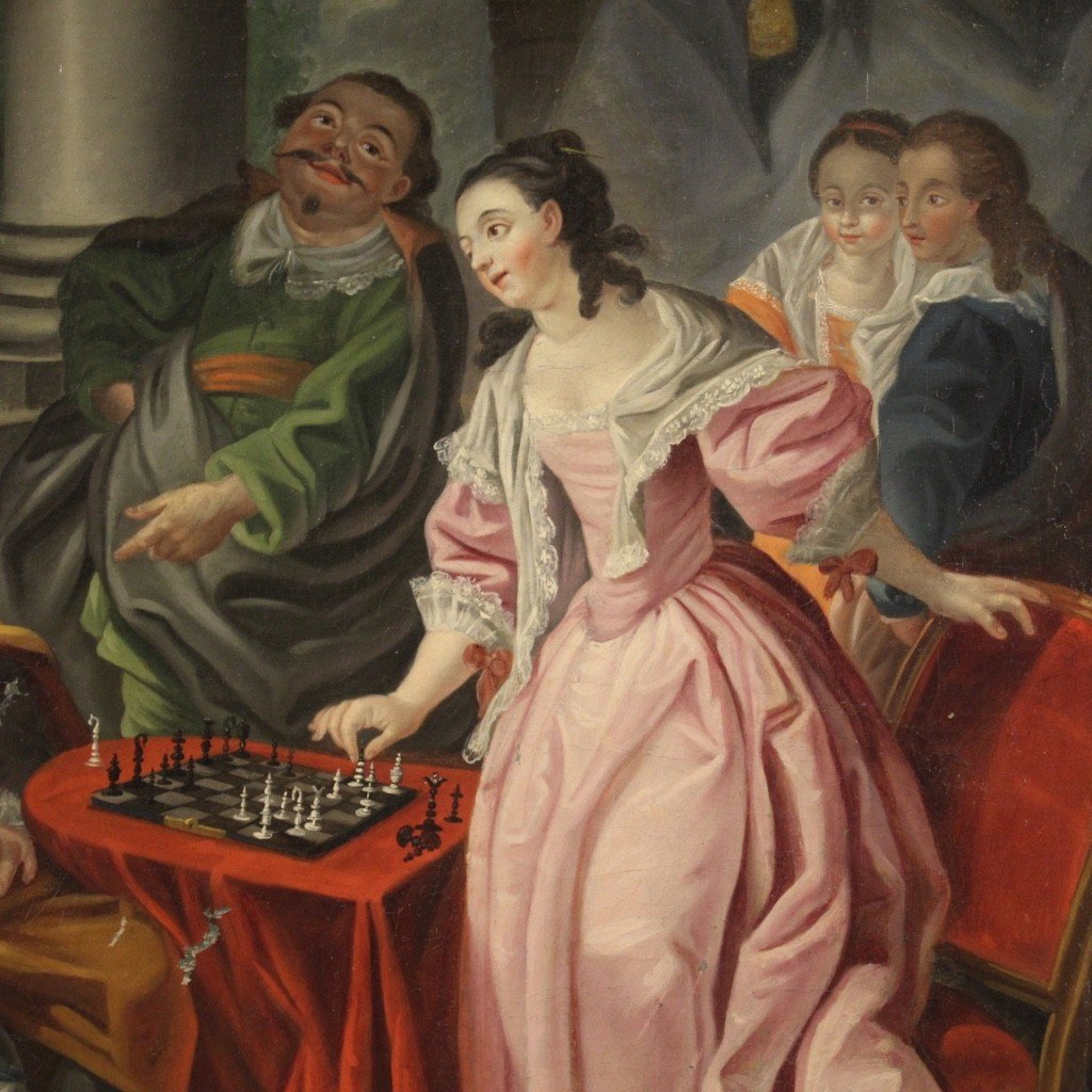 Peinture Du 18ème Siècle, Couple Jouant Aux échecs-photo-2