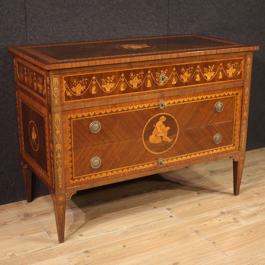 Stunning 20th Century Inlaid Chest Of Drawers In Louis XVI Style