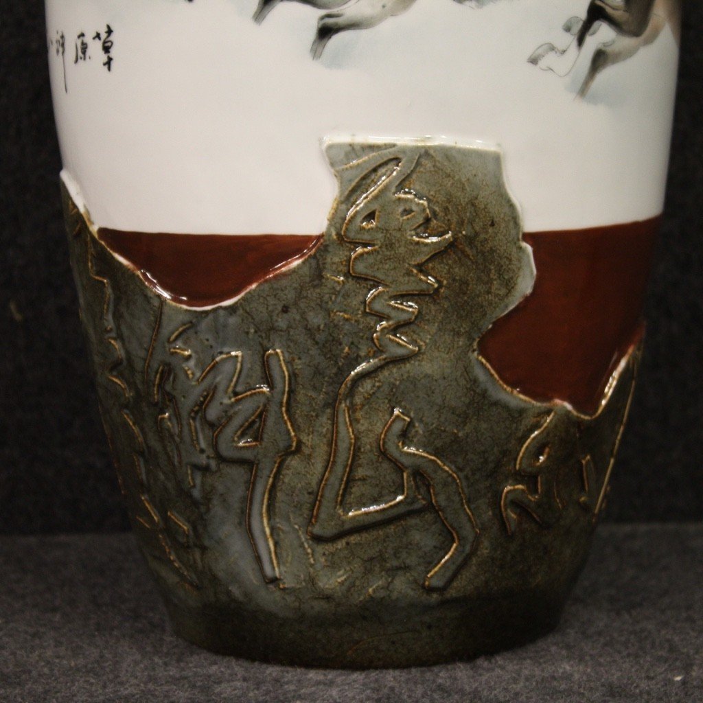Vase Chinois En Céramique Peinte Avec Chevaux-photo-4