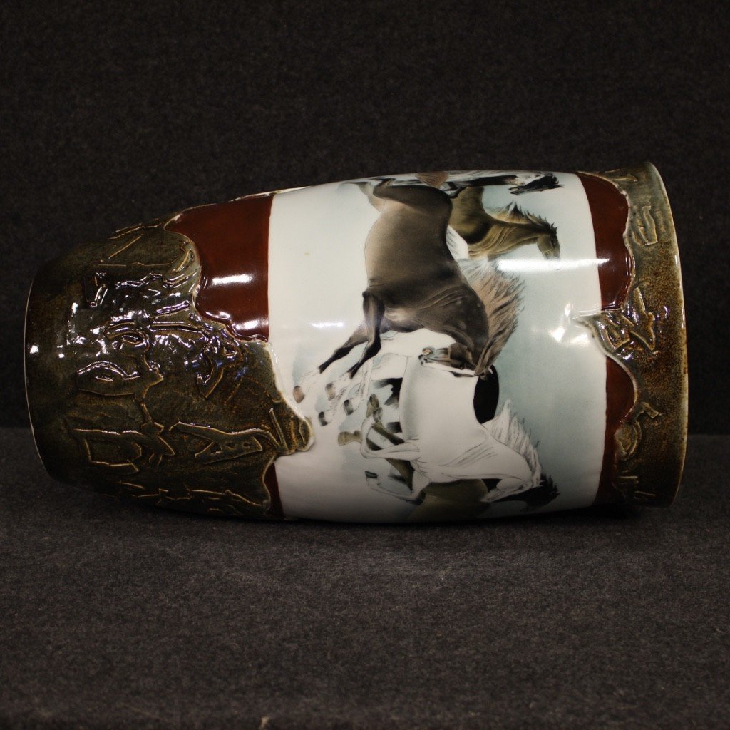 Vase Chinois En Céramique Peinte Avec Chevaux-photo-5