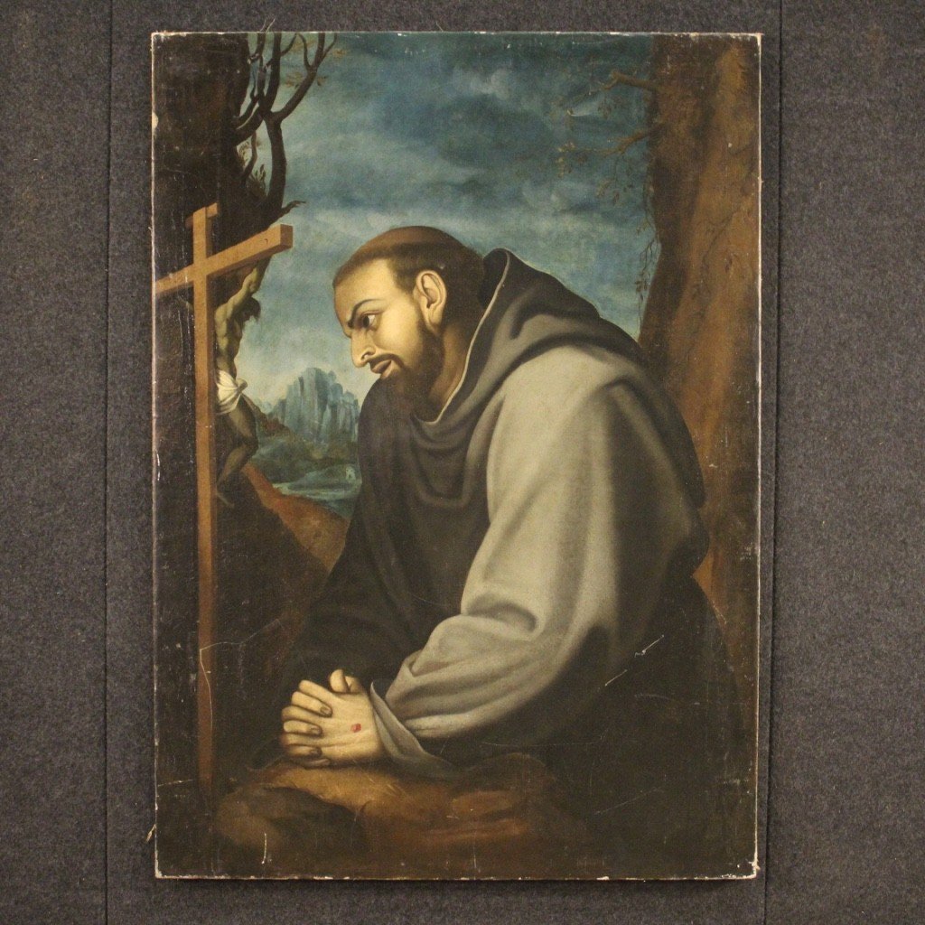 Antique Italian Painting Saint Francis From 18th Century-photo-2