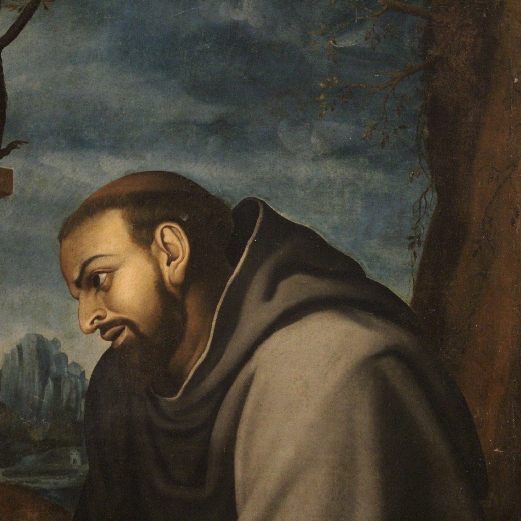 Antique Italian Painting Saint Francis From 18th Century-photo-3