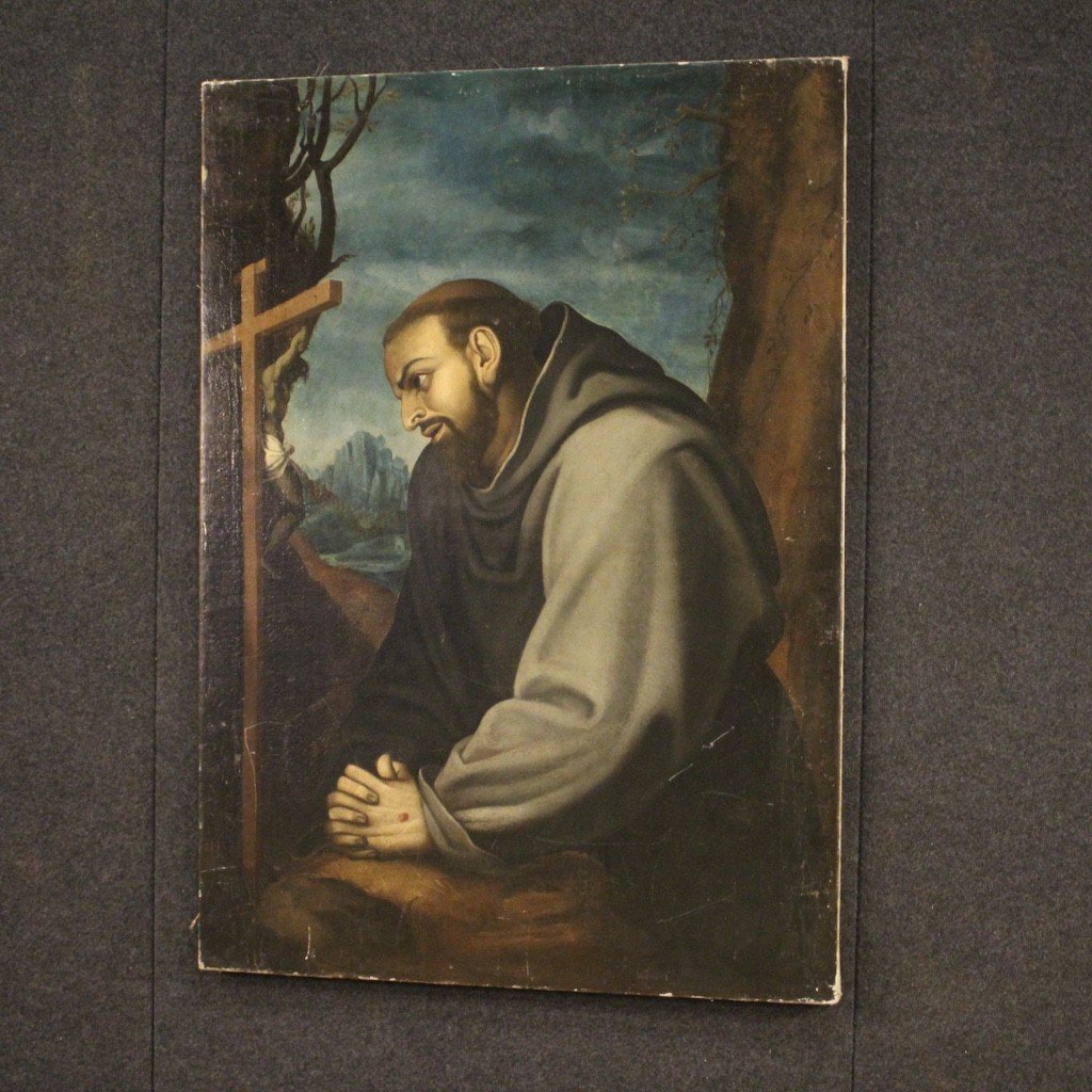Antique Italian Painting Saint Francis From 18th Century-photo-4