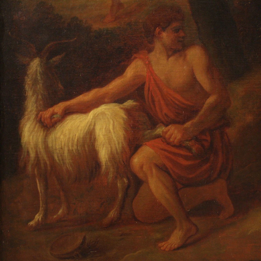 Grande Peinture Mythologique Du 17ème Siècle, l'Enfant Zeus Et La Chèvre Amalthée-photo-6