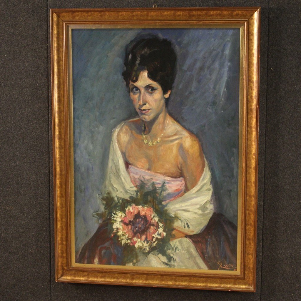 Tableau Portrait d'Une Dame Avec Bouquet De Fleurs Du 20ème Siècle-photo-3
