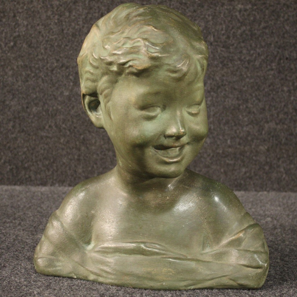 Sculpture En Terre Cuite Peinte En Couleur Bronze Buste d'Enfant -photo-2