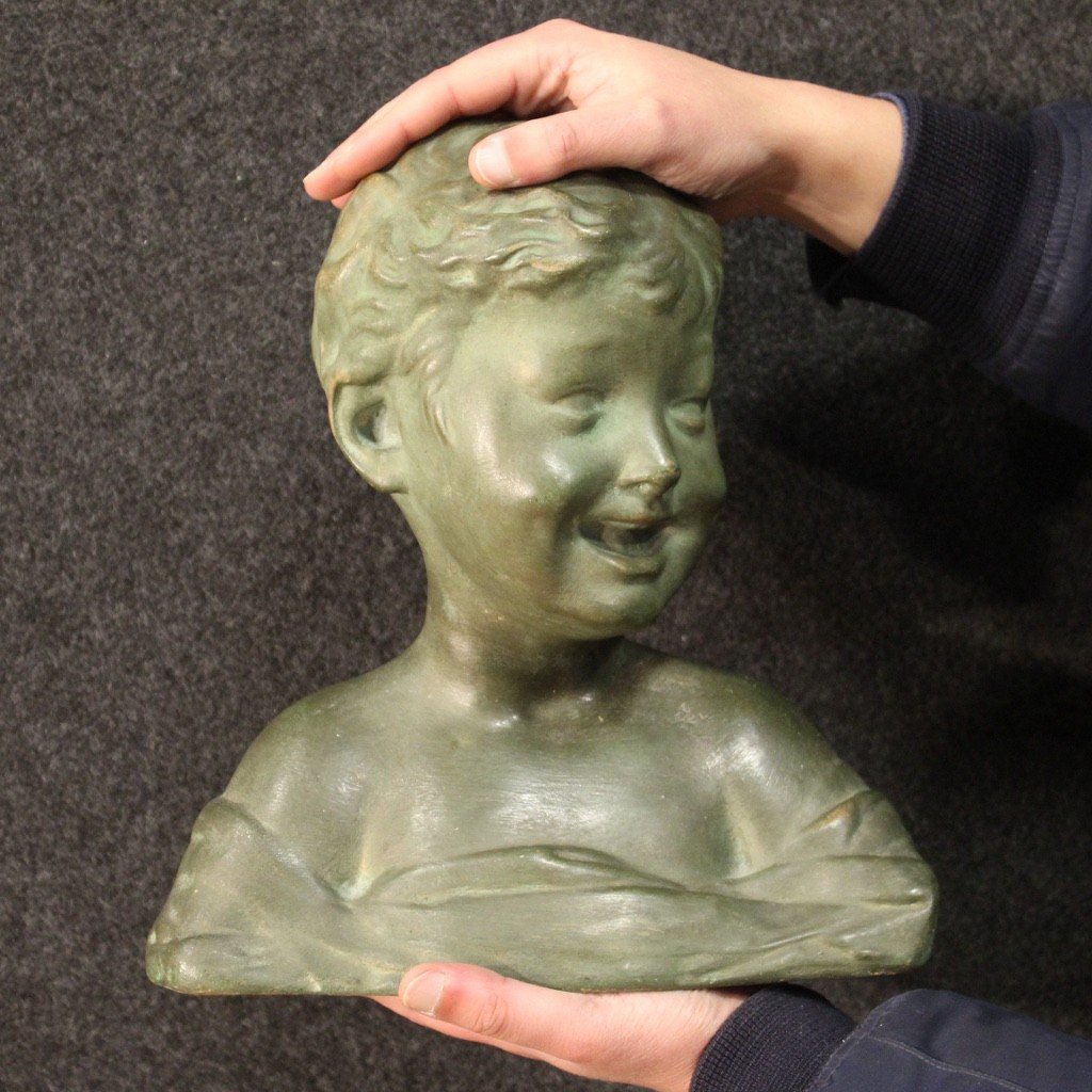 Sculpture En Terre Cuite Peinte En Couleur Bronze Buste d'Enfant -photo-3