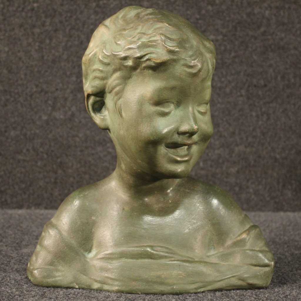 Sculpture En Terre Cuite Peinte En Couleur Bronze Buste d'Enfant -photo-4