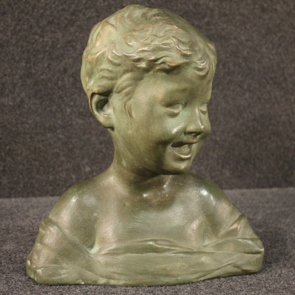 Sculpture En Terre Cuite Peinte En Couleur Bronze Buste d'Enfant -photo-4