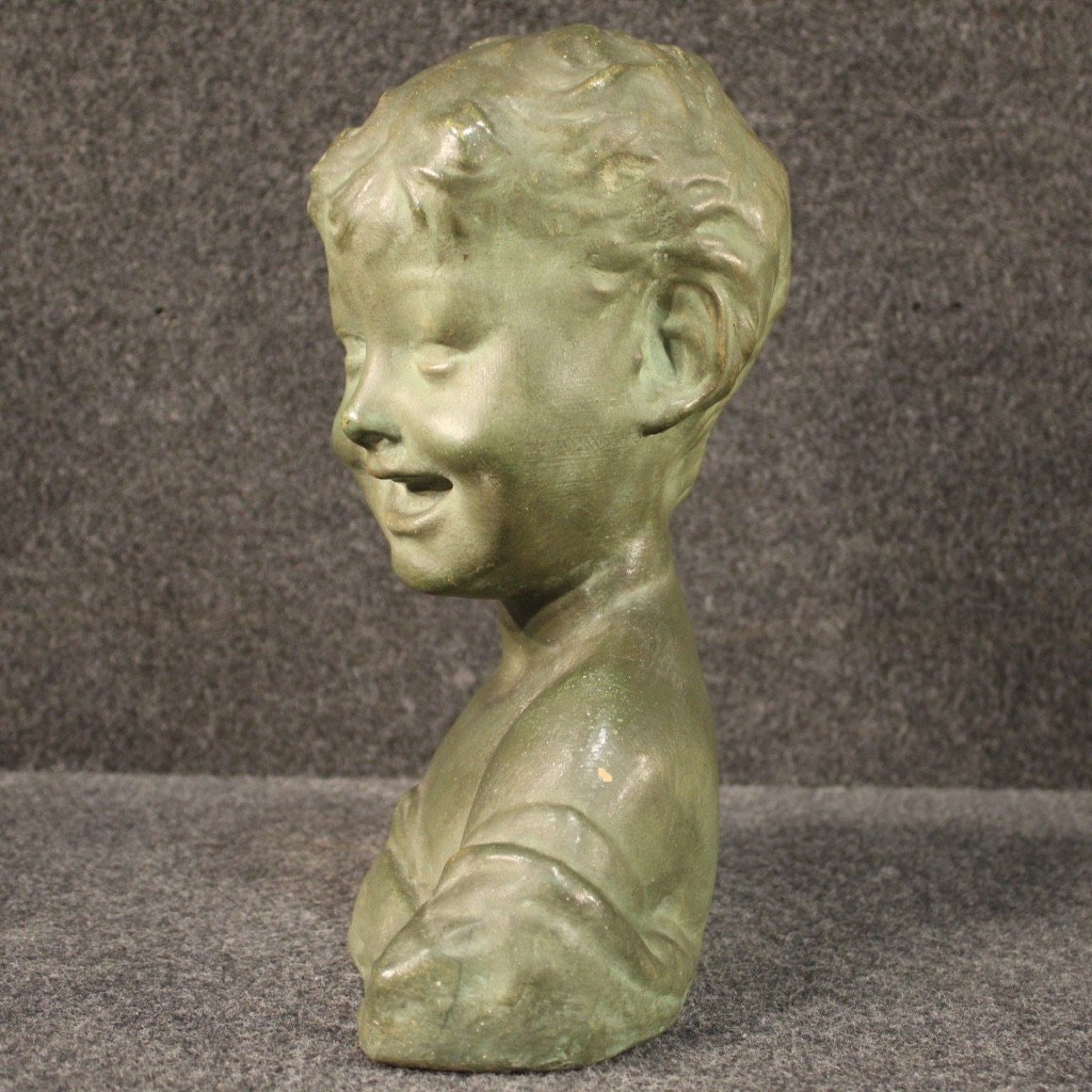Sculpture En Terre Cuite Peinte En Couleur Bronze Buste d'Enfant -photo-5